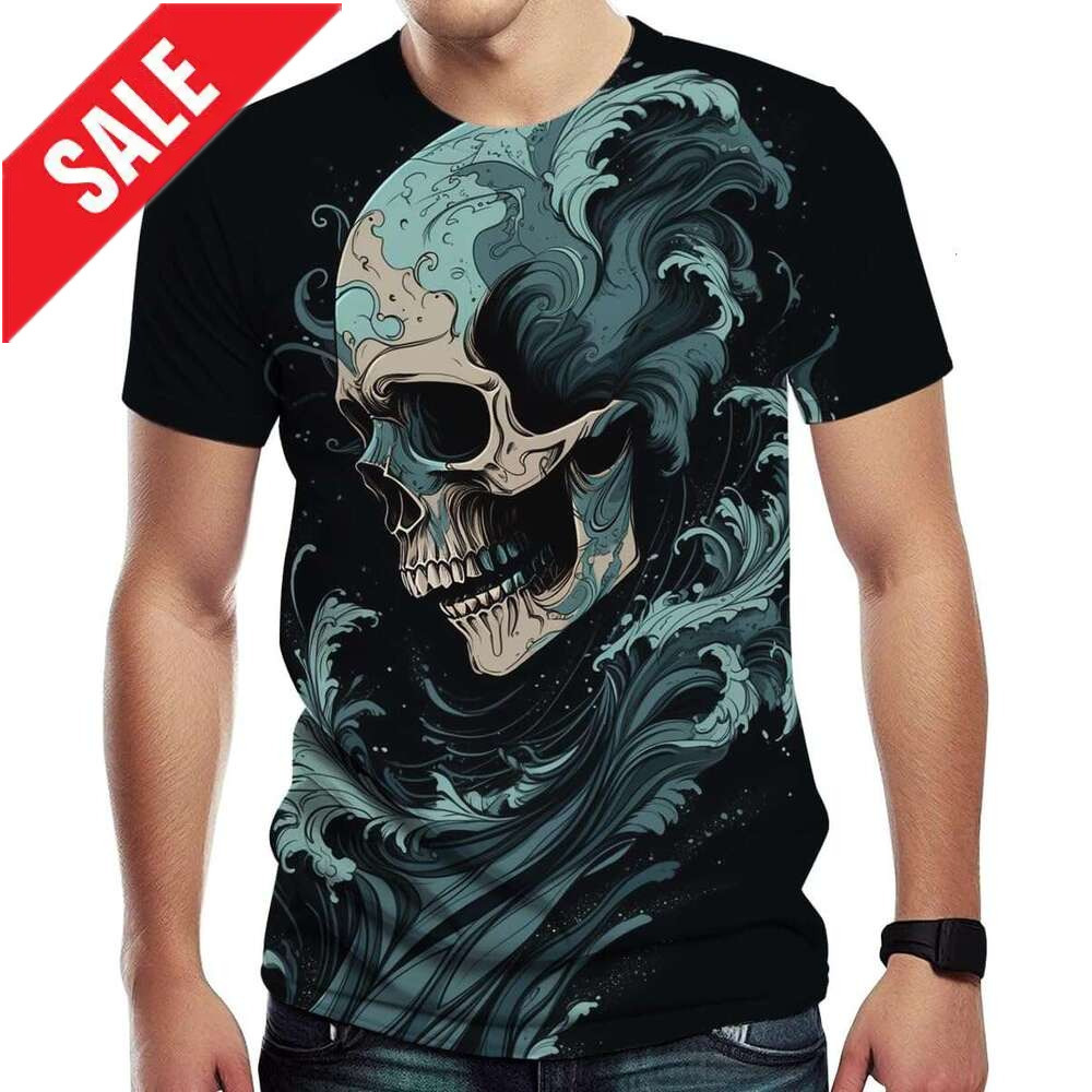 Halloween Mens T shirt Novelty Tie Dyed Ocean Wave Skull Print Cools Summer Shirt Top shirts tshirt graphic tee Casual tops summer clothes Short sleev
