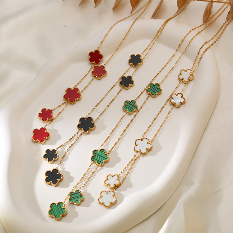 New Fashion Titanium Steel Color-Retaining Necklace Niche Light Five-Leaf Heart Lucky Clover Pendant Chain Jewelry