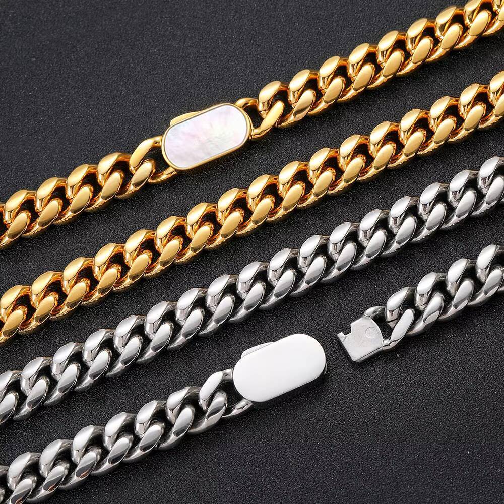 NUOYA Hip Hop Jewelry Men Stainless Steel Bracelet 18K Gold Plated Miami Cuban Chain with Natural Shell Clasp Cuban Bracelet