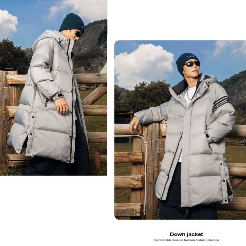 Winter 90%White Duck Men's Down Long Jacket Lightweight Standing Collar Outdoor Waterproof Padded Warm Hooded Windbreaker