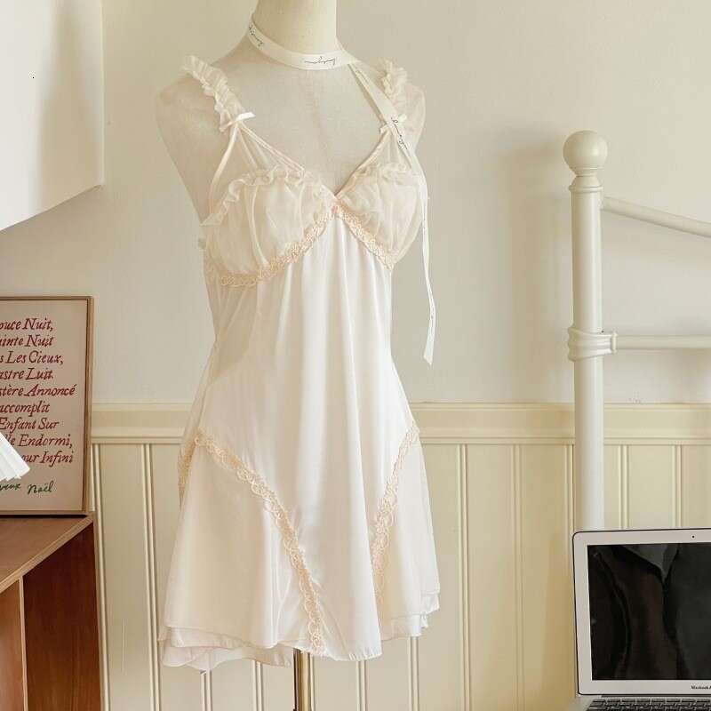 New Sweet Lazy Ice Silk Lingerie Passionate Hot with Chest Pads Sexy Nightdress Robe Homewear Set 496