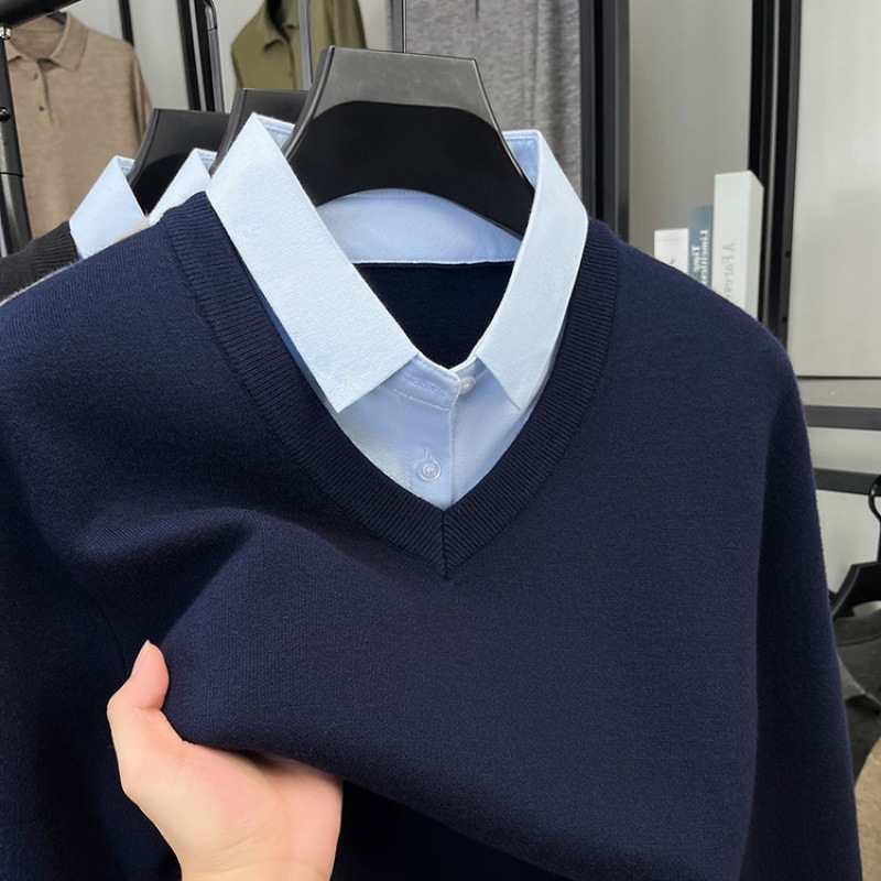 Korean Style Men's Thermal Top, Fake Collar Fleece Lined Pullover, 600g Warm Winter Base Layer No Need Layering