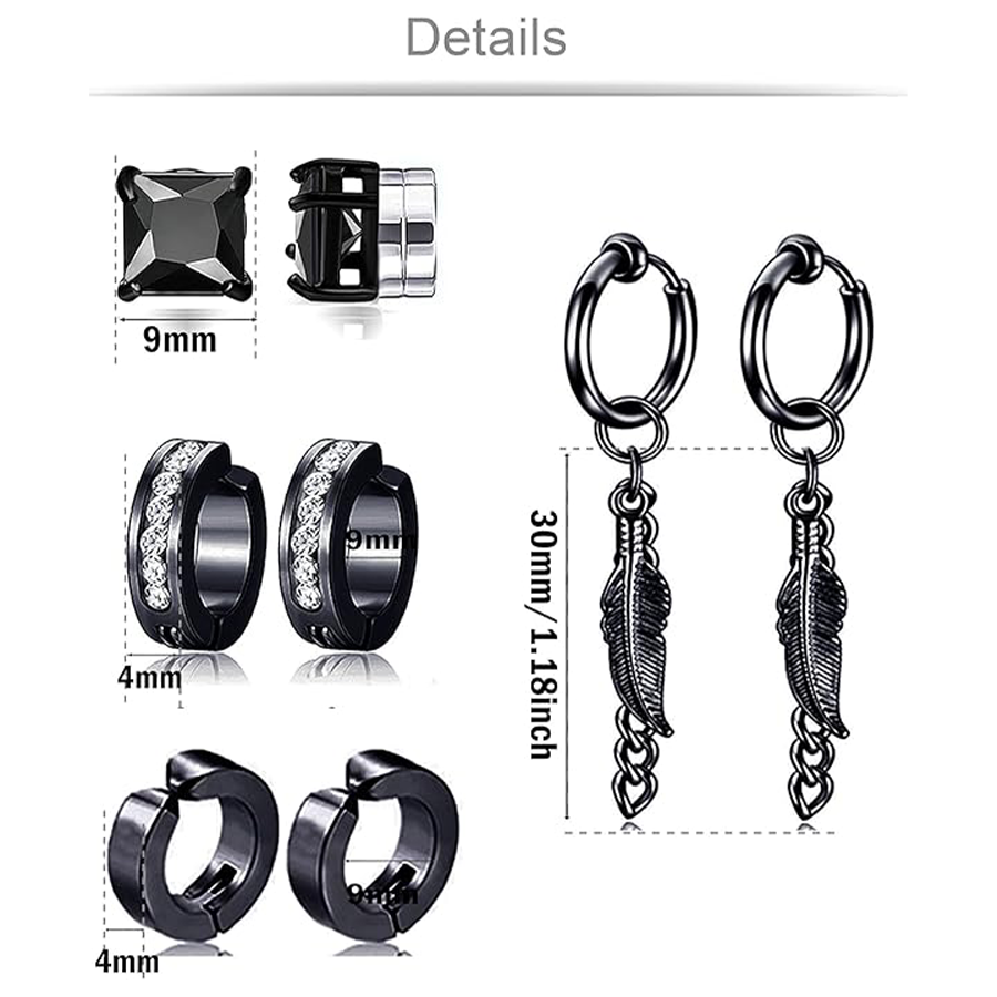 12 Pairs Magnetic Stud Earrings Stainless Steel CZ Hoop Punk Feather Dangle Hinged Non-Piercing Earrings Clip on Magnet Earring Set for Women Men Blac