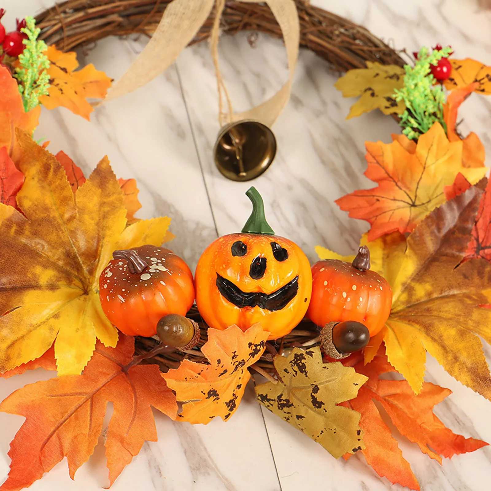 New Halloween Hanging Simulation Pumpkin Maple Leaf Bell Wreath Decoration Home Door Wall Ornament Crafts Decoration C250919