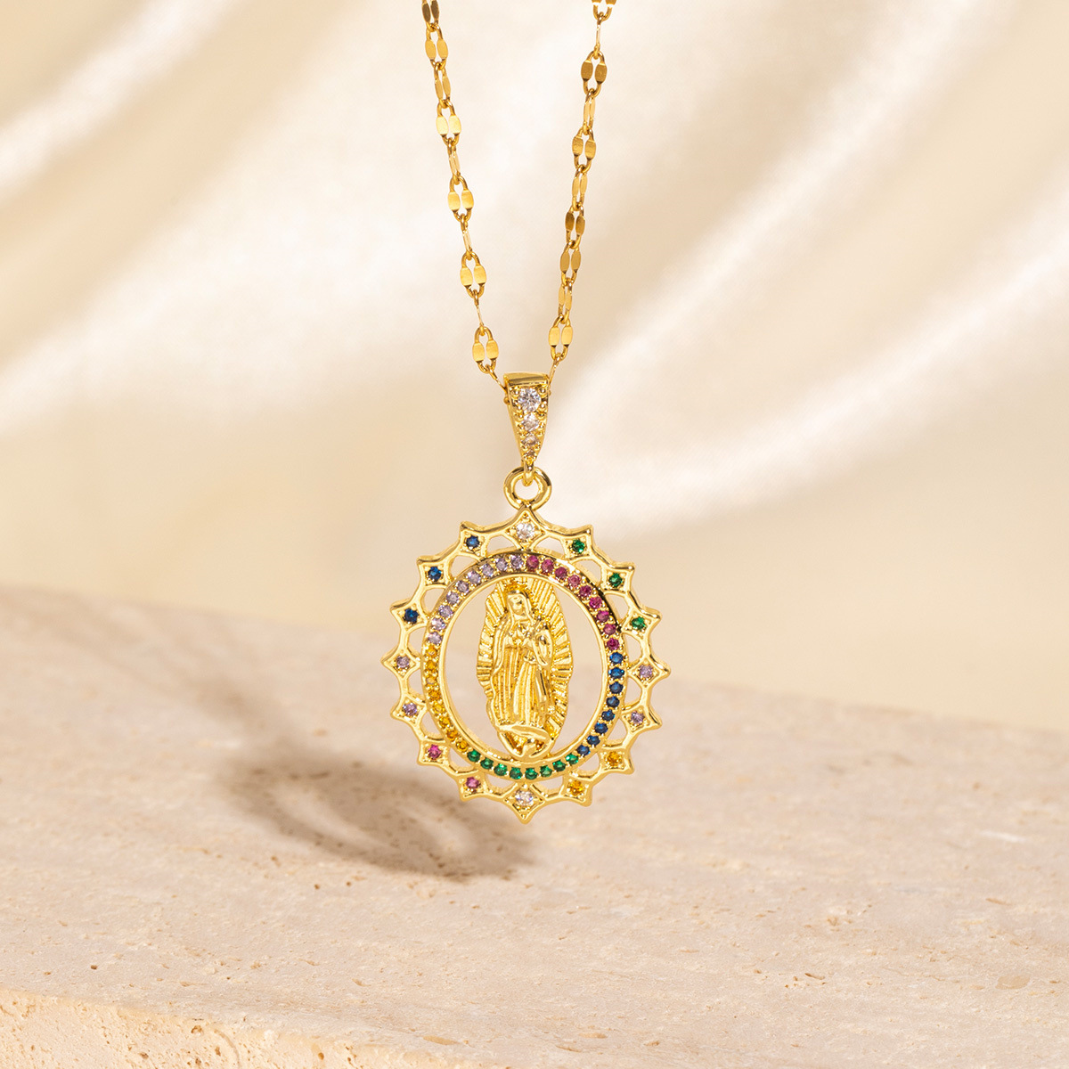 Gold - Toned Oval Religious Pendant Necklace With Colorful Gemstones And Filigree Detail Delicate Daily & Sophisticated Jewelry Gift For Her Premium A