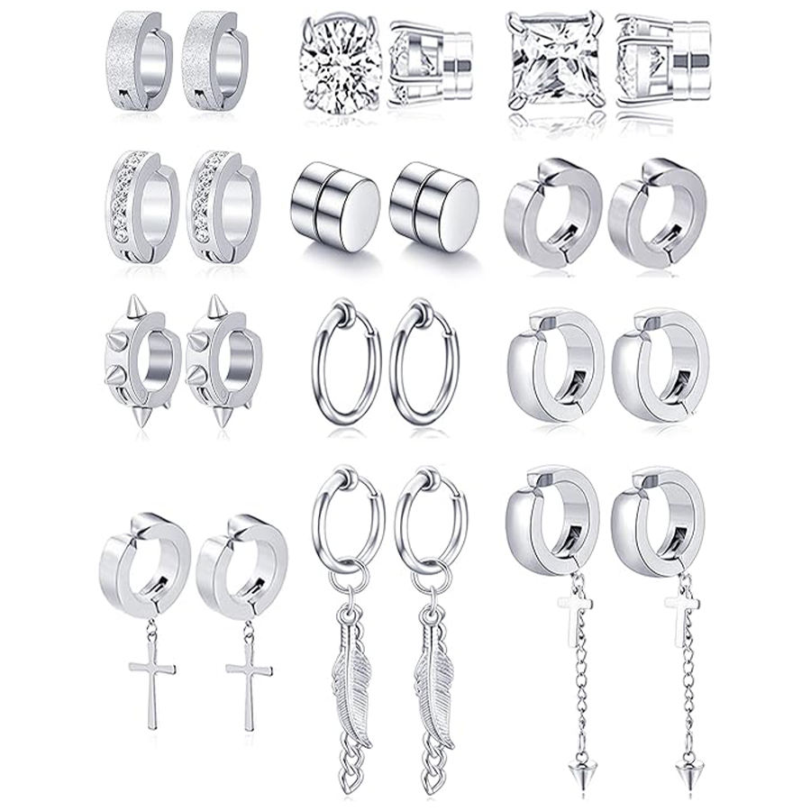 12 Pairs Magnetic Stud Earrings Stainless Steel CZ Hoop Punk Feather Dangle Hinged Non-Piercing Earrings Clip on Magnet Earring Set for Women Men Silv