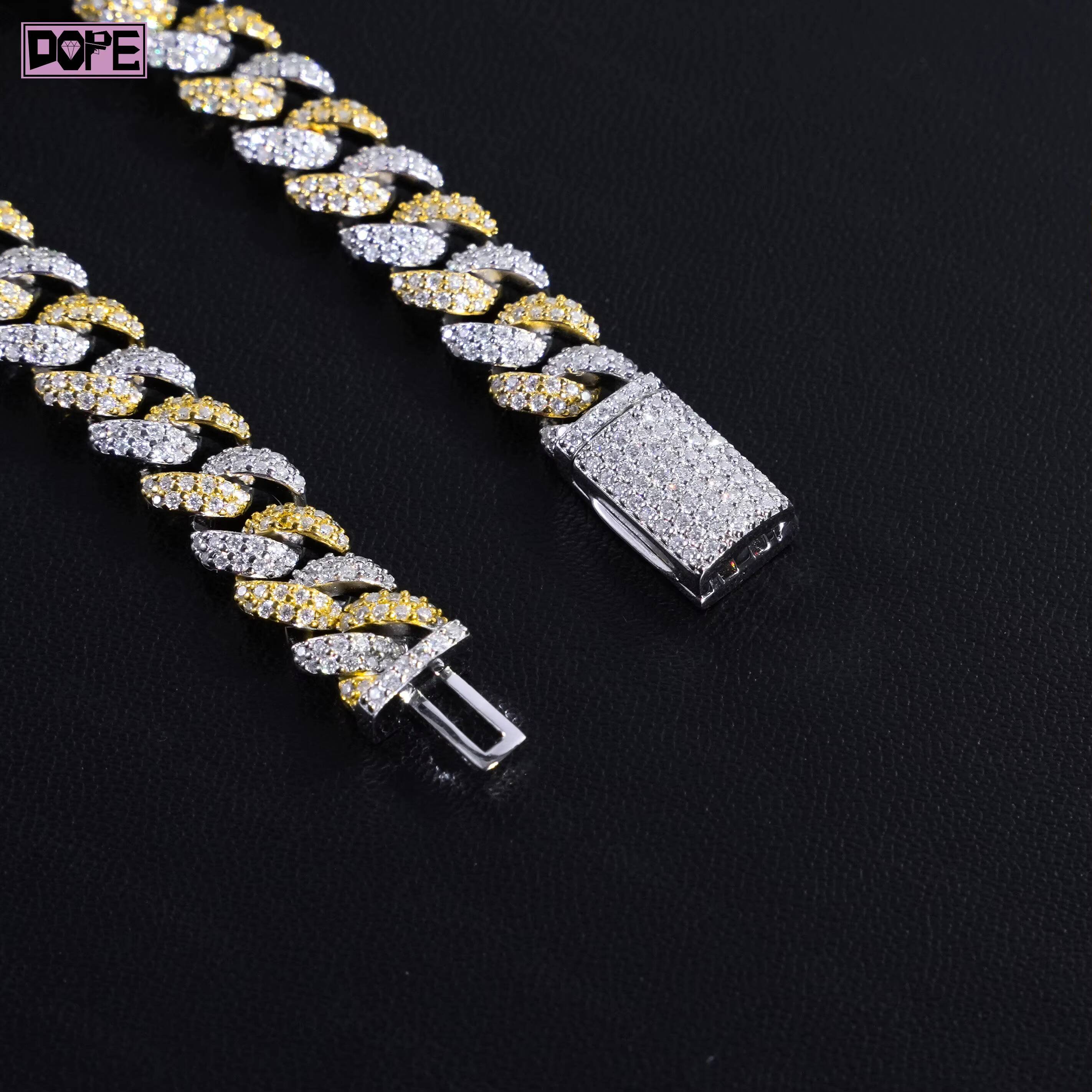 Iced Out Moissanite Cuban Link Chain 8mm Two Tone 925 Silver Hiphop Rapper Moissanite Cuban Chain