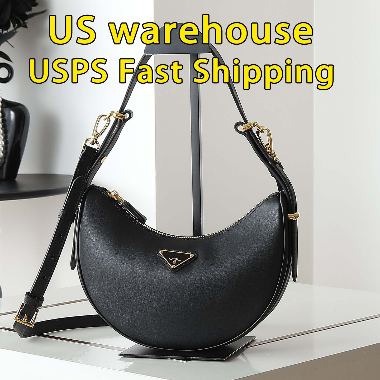 Designer bag shoulder bag crossbody bag luxury bag women's wallet fashionable black metal triangle leather handbag high-quality moon bag mini bag armpit bag