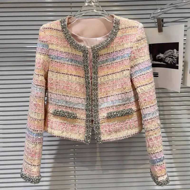 PREPOMP 2024 Autumn New Arrival Long Sleeve Rhinestone Embroidered Beadings Colorful Striped Tweed Short Jacket Women GS196 Z250918