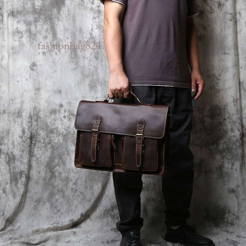 NZPJ Retro Men's Handbag Crazy Horse Horizontal Computer Top Layer Leather Men Casual Shoulder Messenger Bag