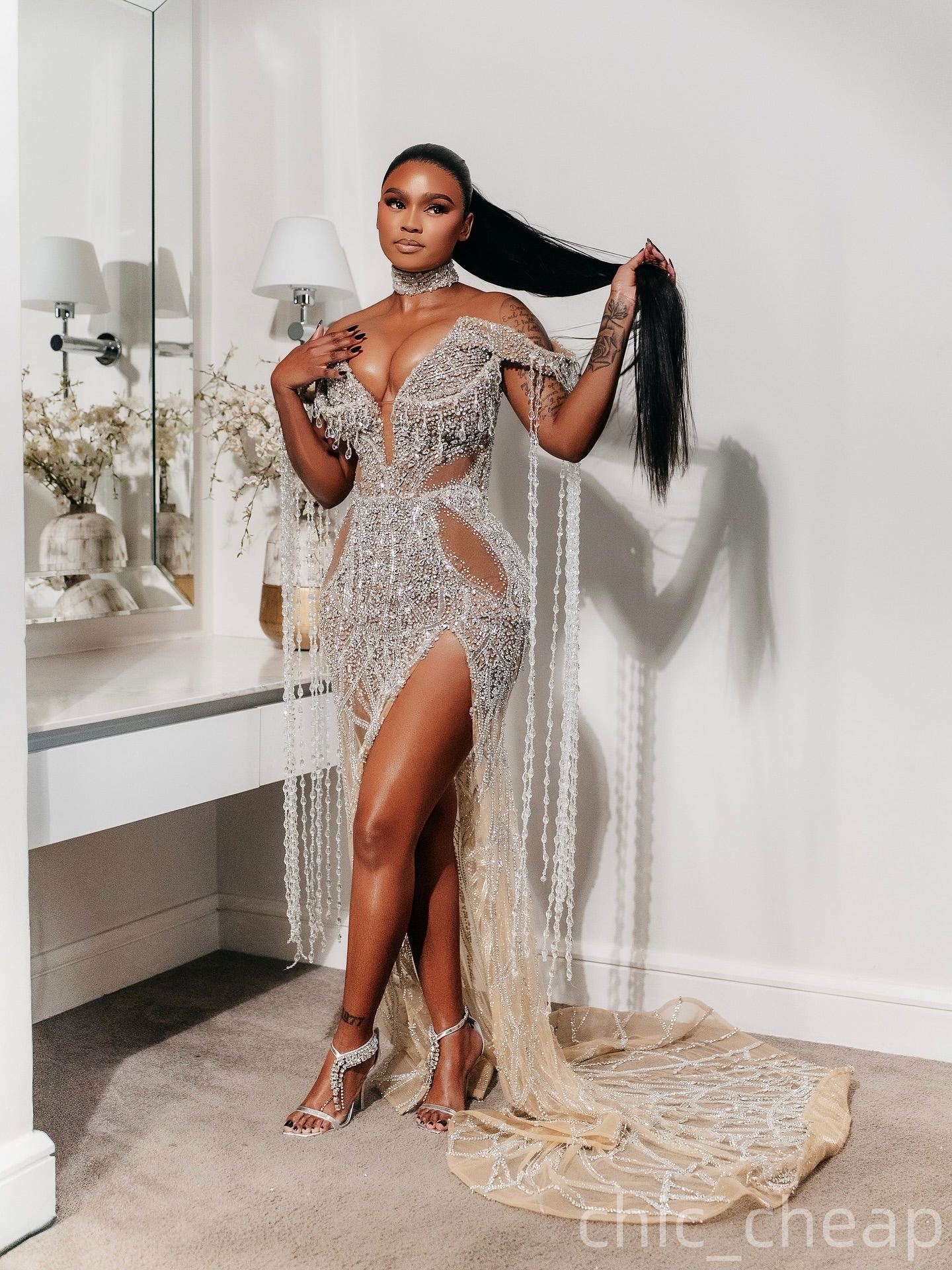 Mermaid Champagne Prom Dresses 2025 Illusion Crystals High Split Evening Formal Party Second Birthday Engagement Gowns Plus Size Dress For Special Occ