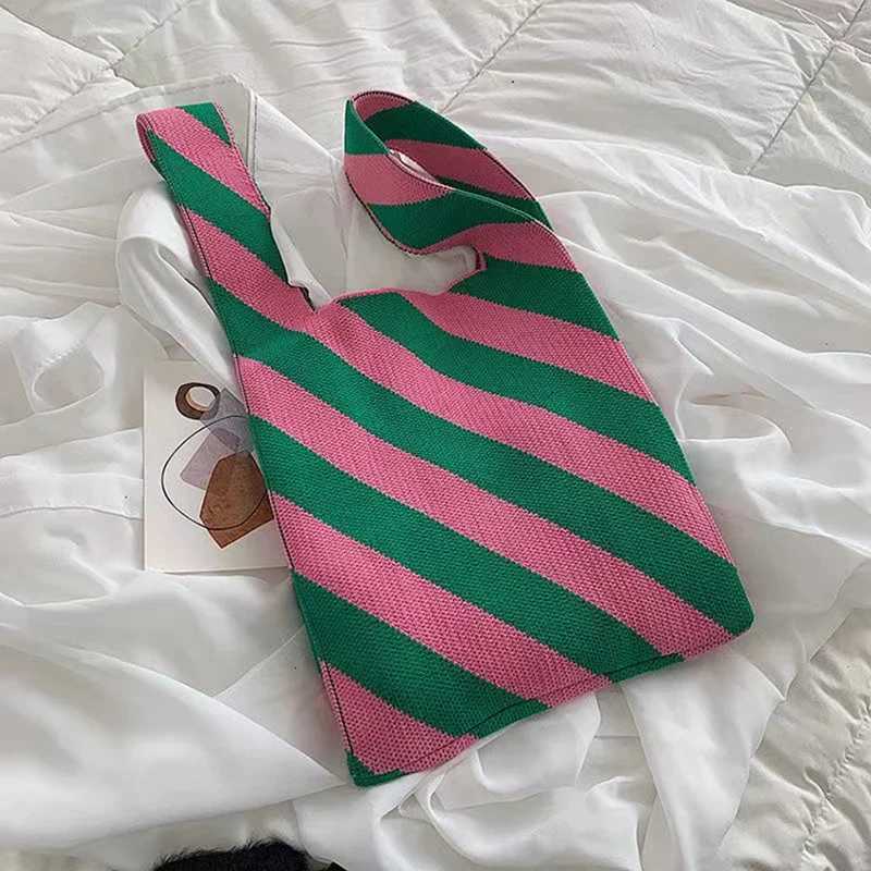 Handmade Knit Women Handbag Hot Student Reusable Shopping BagMini Knot Wristbag Casual Color Wide Stripe Tote Shoulder Bag Z250915