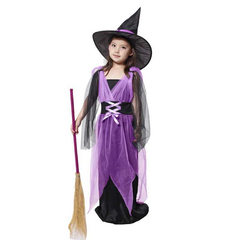 Purple Gothic Girls Halloween Witch Costumes Kids Children Sorceress Cosplay Carnival Purim Stage Show Role Play Party Dress L250918