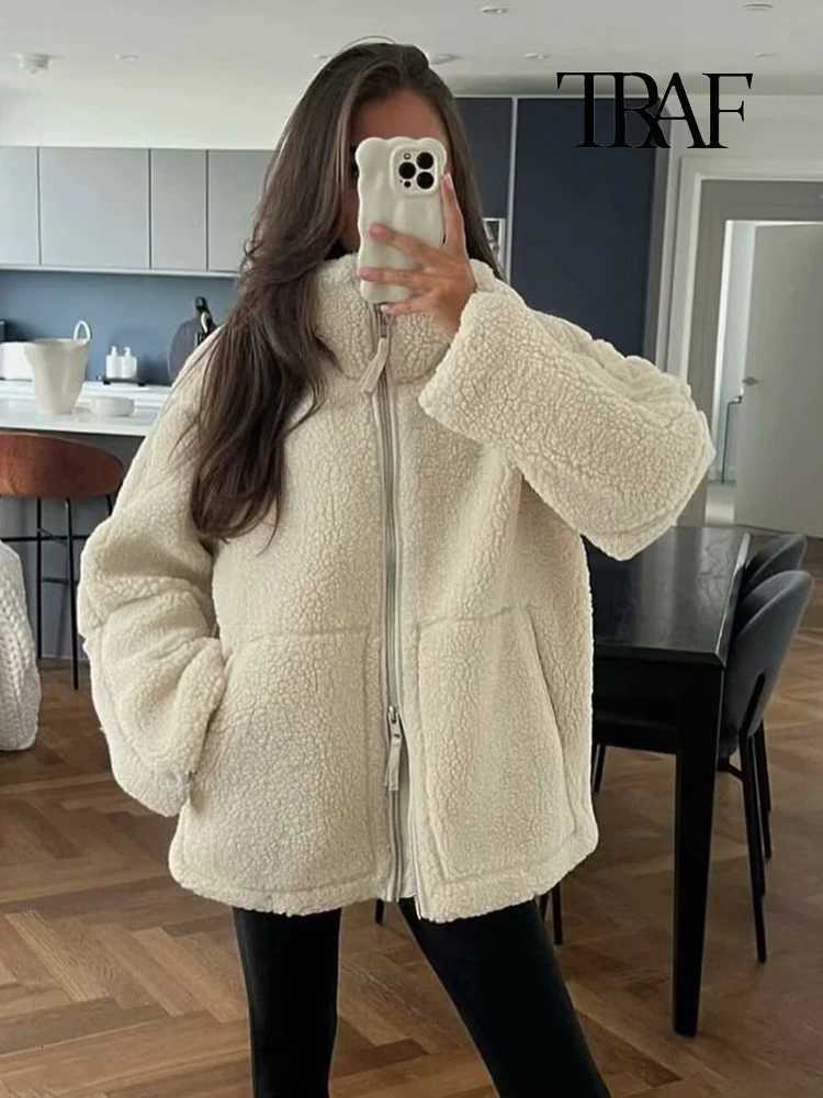 TRAF Fashion Womens Lambs Wool White Coat Winter Fleece Reversible Lapel Coat Simple Loose Teddy Velvet Long Sleeve Jacket Z250918
