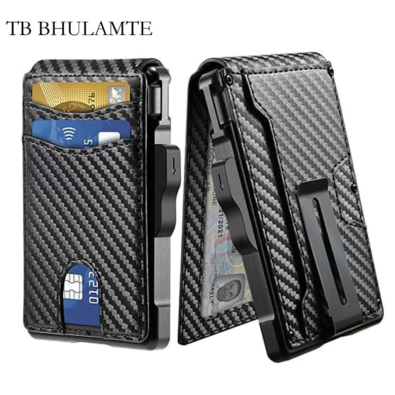 TB BHULAMTE Free Shipping Luxury Hot-selling Automatic RFID Designer Card Holder Metal Wallet Men's High-end Foldable Leather Carbon Fiber Card Case