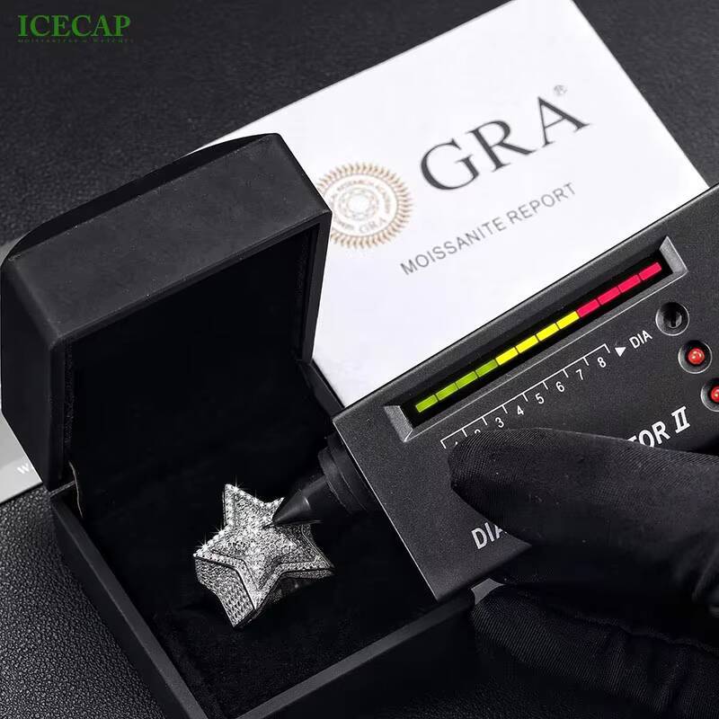 925 Silver Hip Hop Style StarShaped Moissanite Ring 15mm Round Passes Diamond Test
