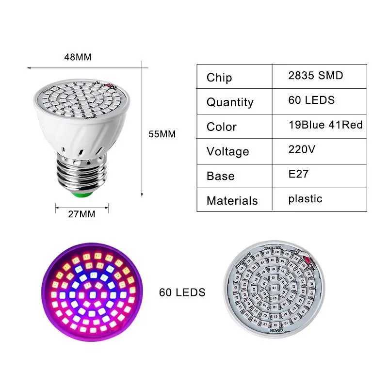 220V E27 60LEDs Plant Grow Light Phyto Lamps Led Full Spectrum Growing Bulb for Greenhouse Hydroponics Growth Fitolampy C250919