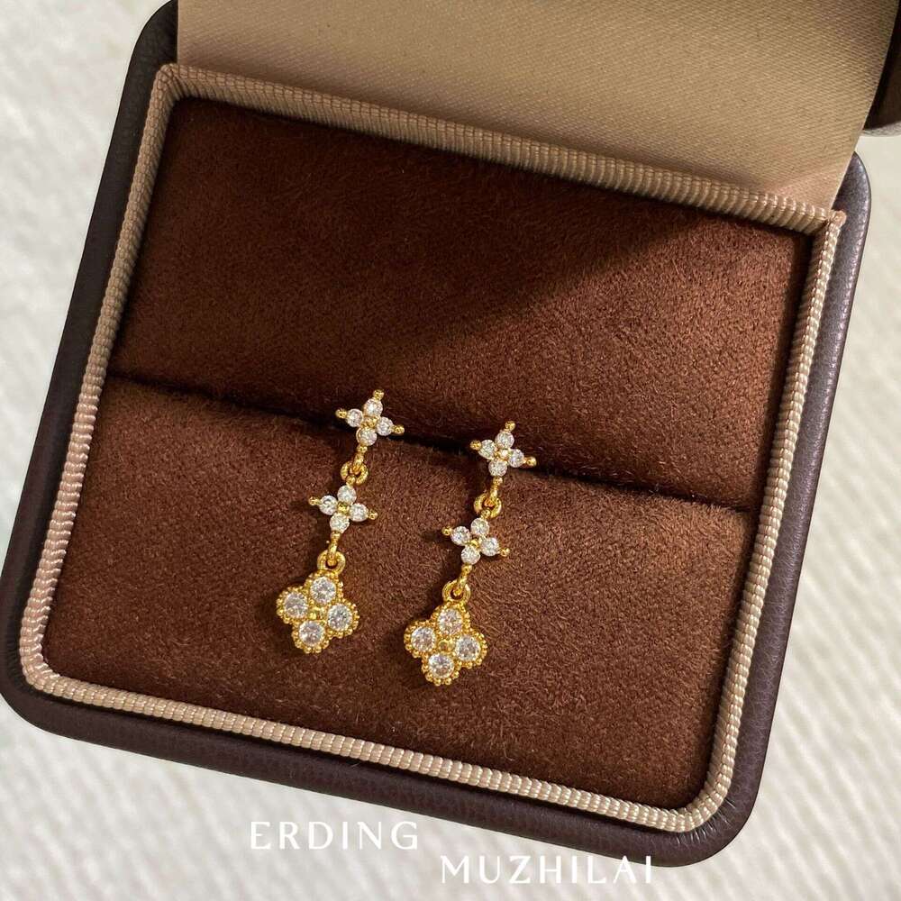 Dopamine Four-leaf Flower Summer Colorful Dia Zircon Earrings Elegant and High-end Feel