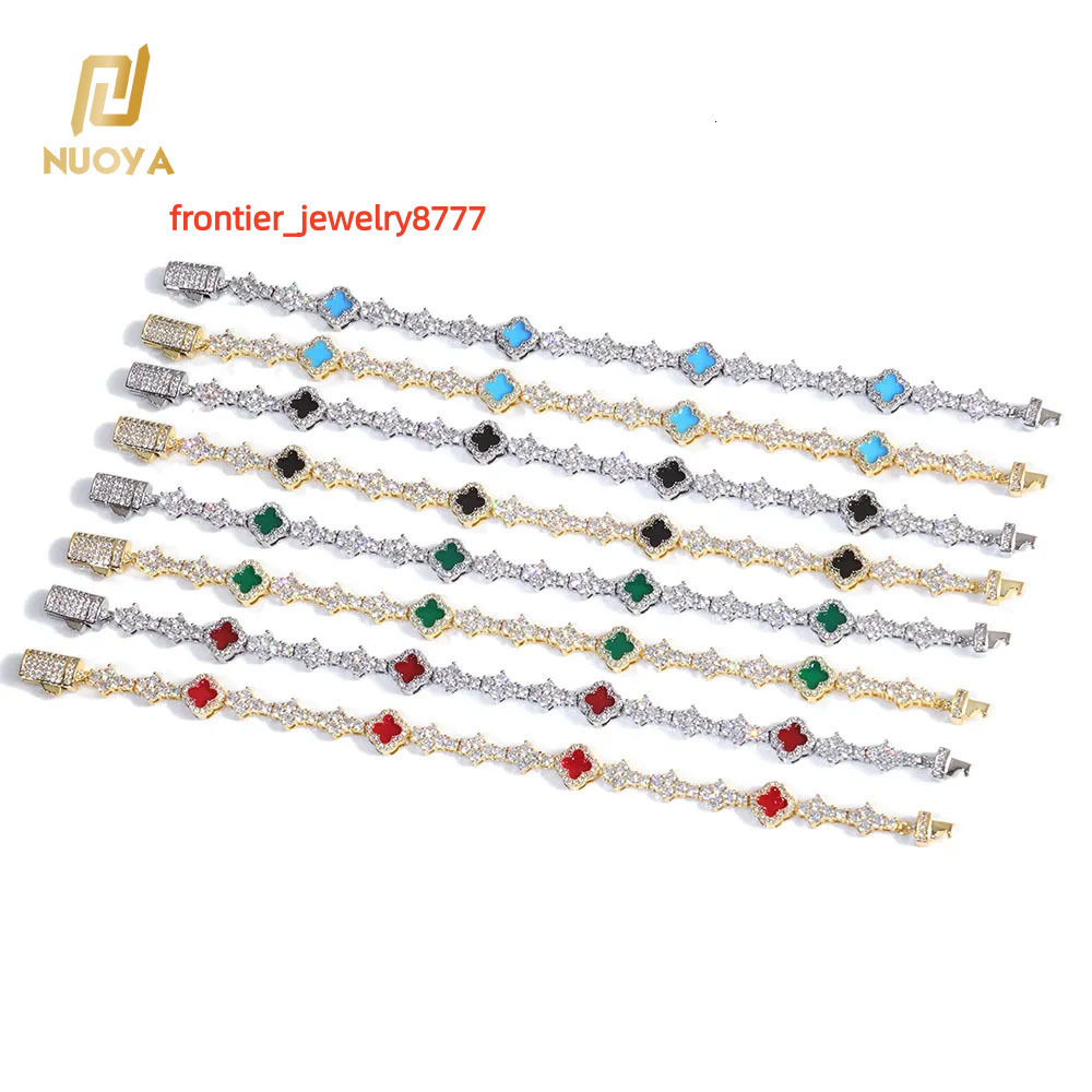 NUOYA Custom Colorful FourLeaf Clover Tennis Chain Bracelet Iced Out Moissanite Flower Shape Tennis Chain Hip Hop Jewelry for Women
