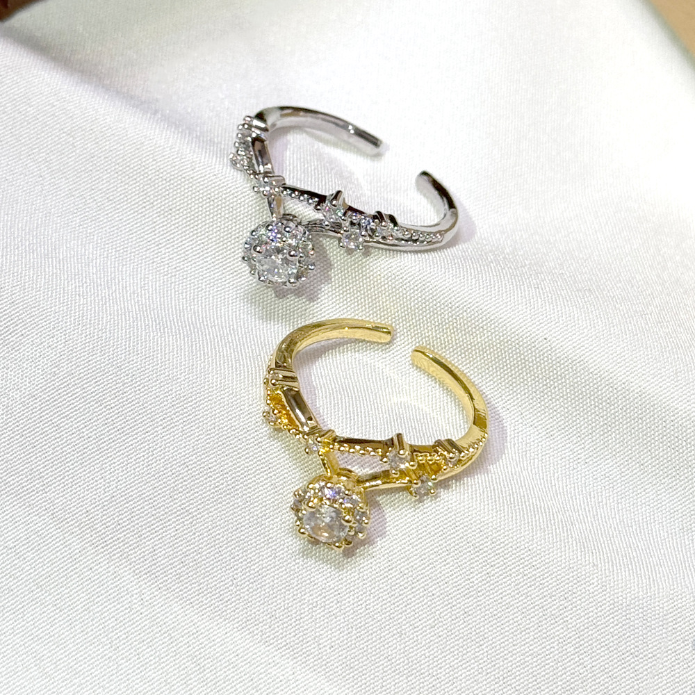 Gold - Toned Open Cuff Ring With Central Crystal And Intricate Crystal - Embellished Detailing Elegant Daily & Glamorous Jewelry Gift For Her High - Q