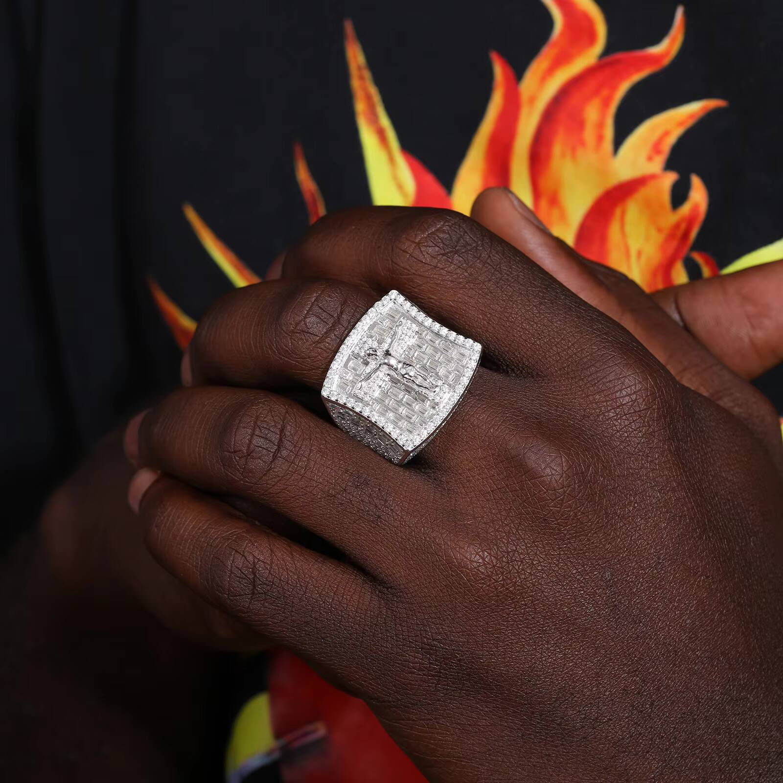 Wholesale Hip Hop Jewelry Custom 925 Sterling Silver VVS Baguette Moissanite Diamond Iced Out Crucifixion Stamp Mens Ring