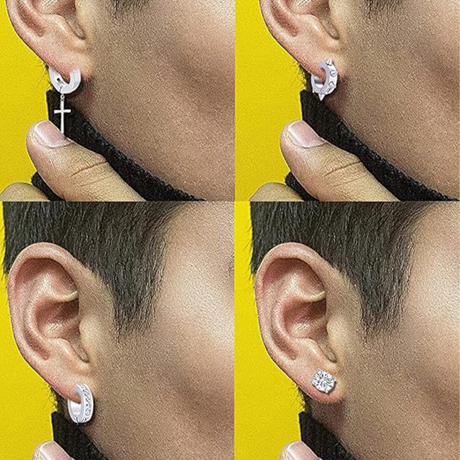 12 Pairs Magnetic Stud Earrings Stainless Steel CZ Hoop Punk Feather Dangle Hinged Non-Piercing Earrings Clip on Magnet Earring Set for Women Men Silv