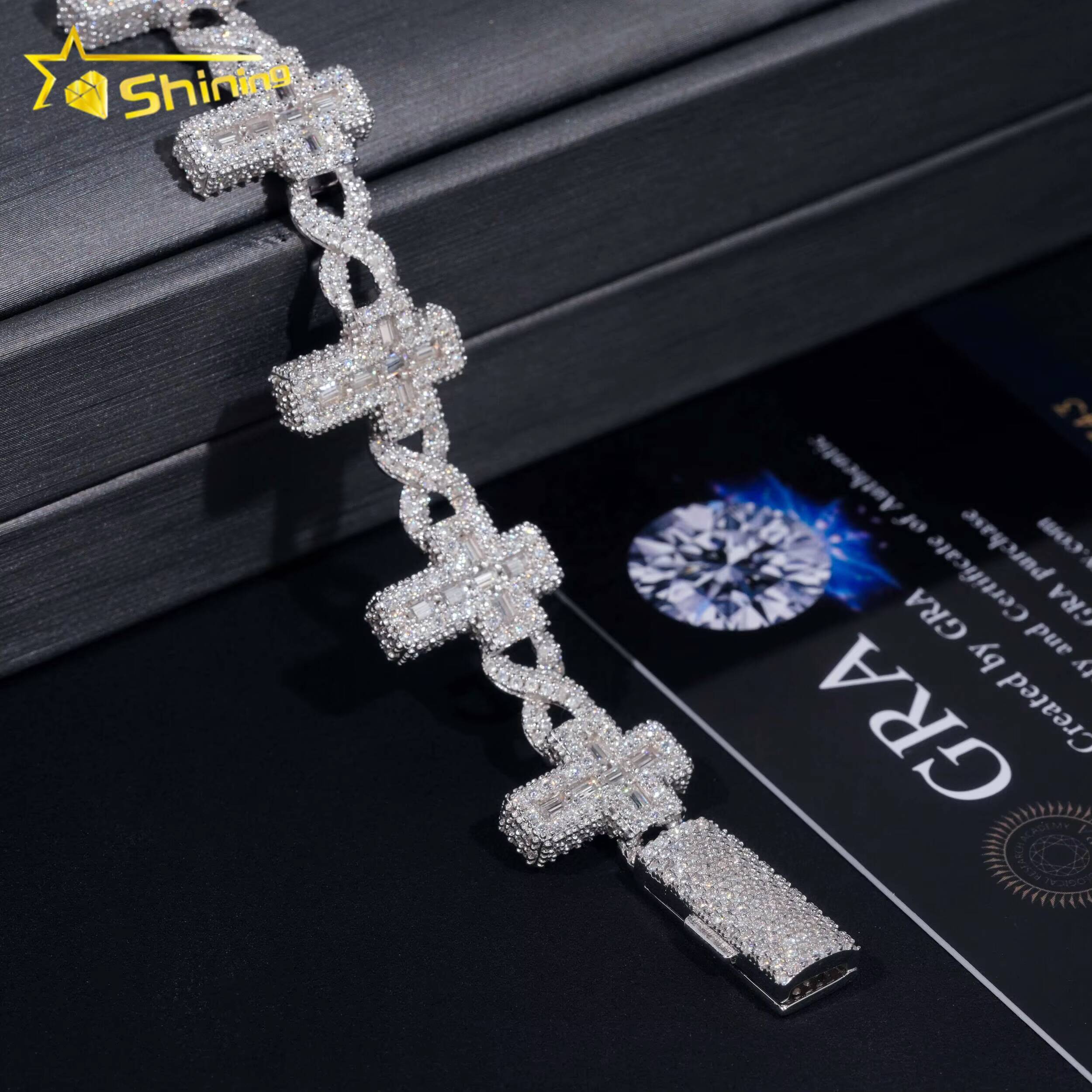 Hot Sale Baguettes Moissanite Cross Infinity Cuban Link Chain Sterling Silver 925 Iced Out Jewelry Moissanite Diamonds Bracelet