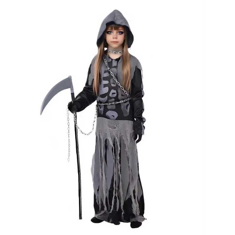 Skeleton Grim Reaper Costume Girls Scary Costumes Kids Halloween Deluxe Costume Set Scythe Chain Soultaker Dress Up Rave Party L250918