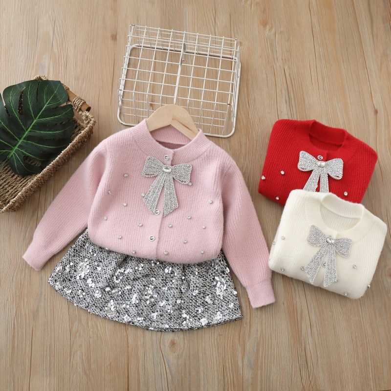 Childrens Sweater Twopiece Set for Girls Knitted Outfit with Skirt Sequin Bow Cardigan Long Sleeve H250919
