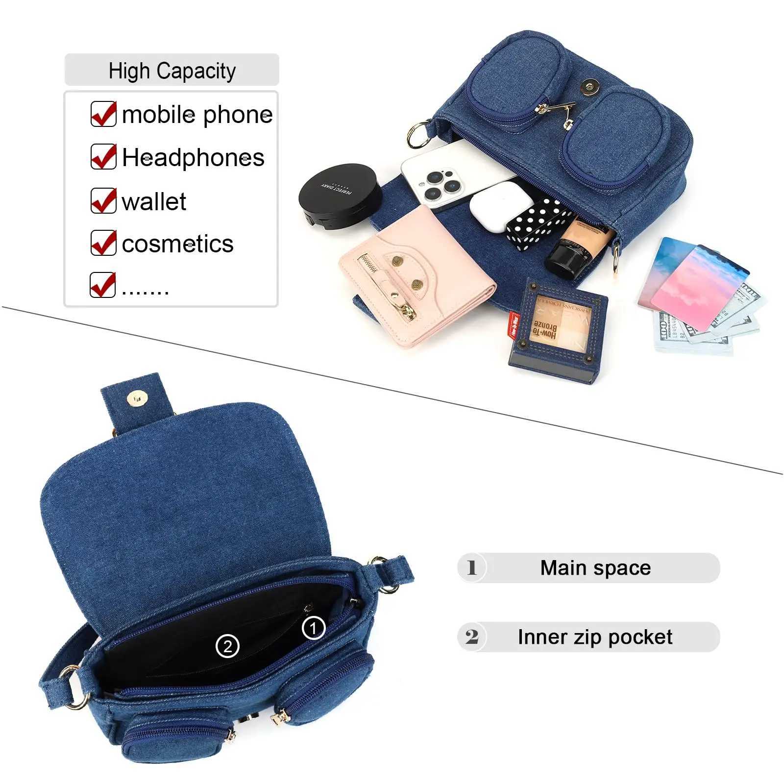 Blue Denim Buckle Crossbody Bag Adjustable Strap High Capacity Retro Shoulder PurseXJ250918
