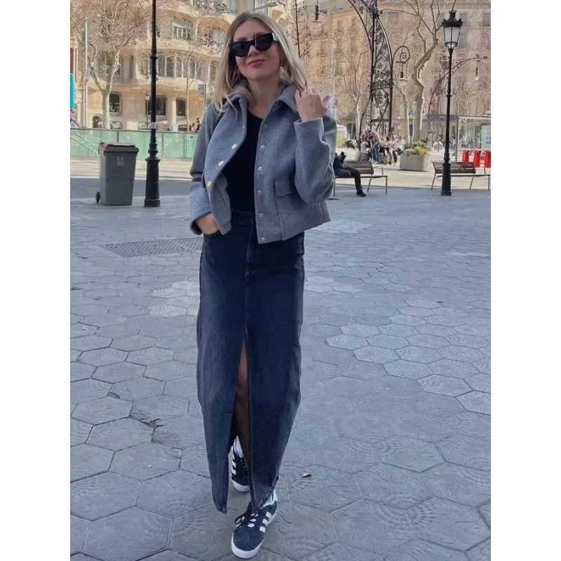 HXAO Womens Black Jacket Wool Blends Coats Cropped Bomber Jacket Autumn Winter Demiseason Crop Jacket Outerwears Z250918