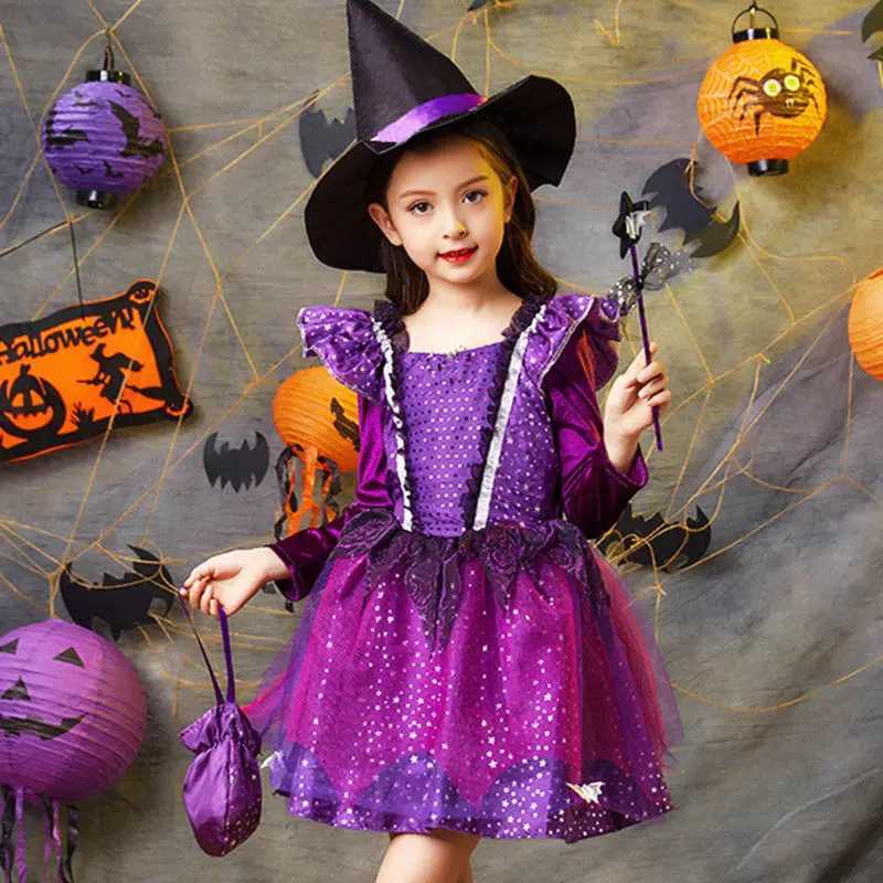 Girls Halloween Party Costumes Witch Dress Kids Carnival Costume Vestidos Party Cosplay Dress Bag Hat Wand Suit Clothes L250918