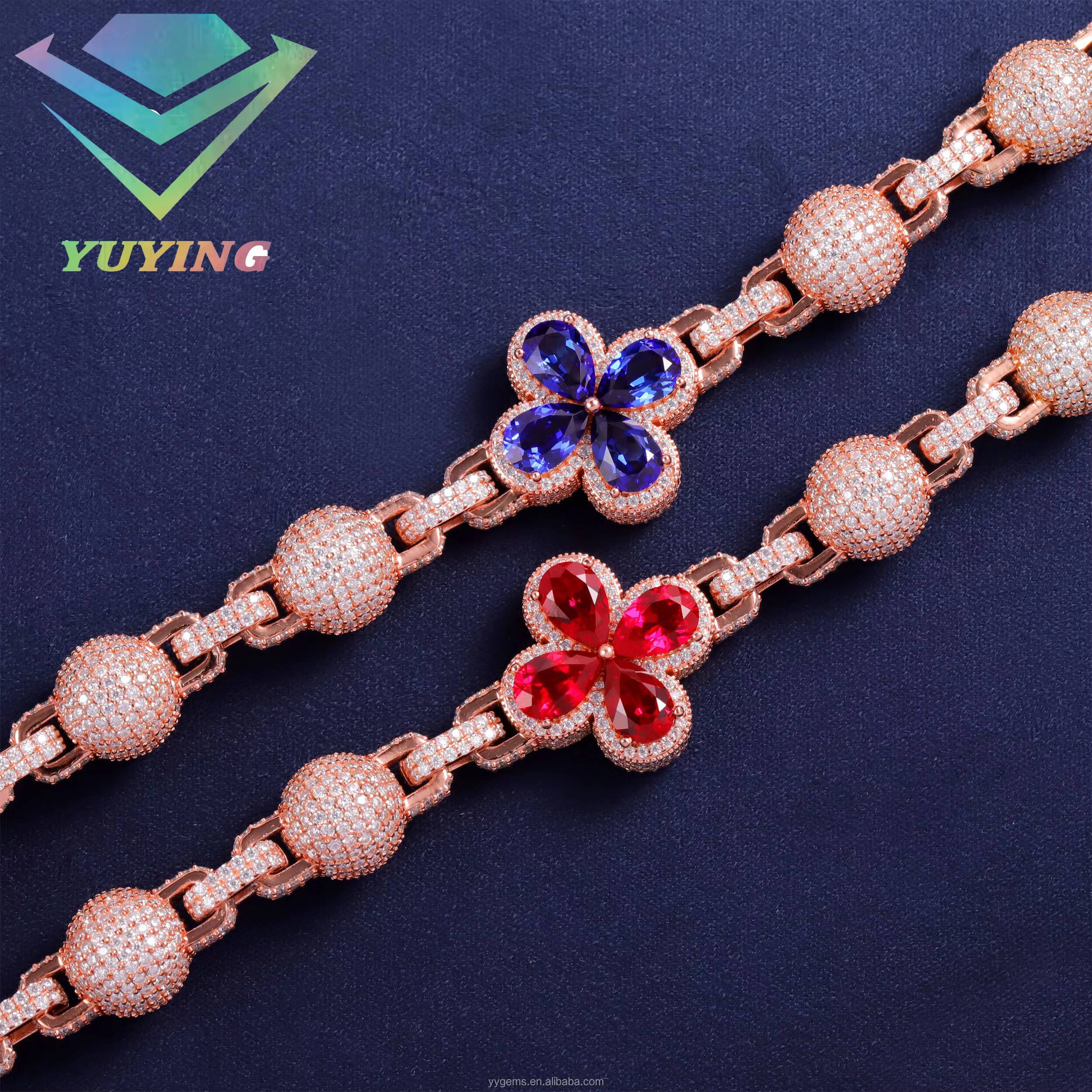 Clover Shape with Ball Chain Cuban Link Chain Solid Silver with VVS Moissanite Diamond Necklace for Mens Hiphop Jewelry