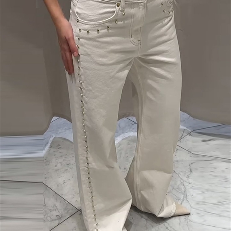 Street Bead White Jean Women Chic Baggy Wide Leg Straight Pocket Zipper Denim Long Pants 2025 Spring Casual Commute Lady Trouser Z260313