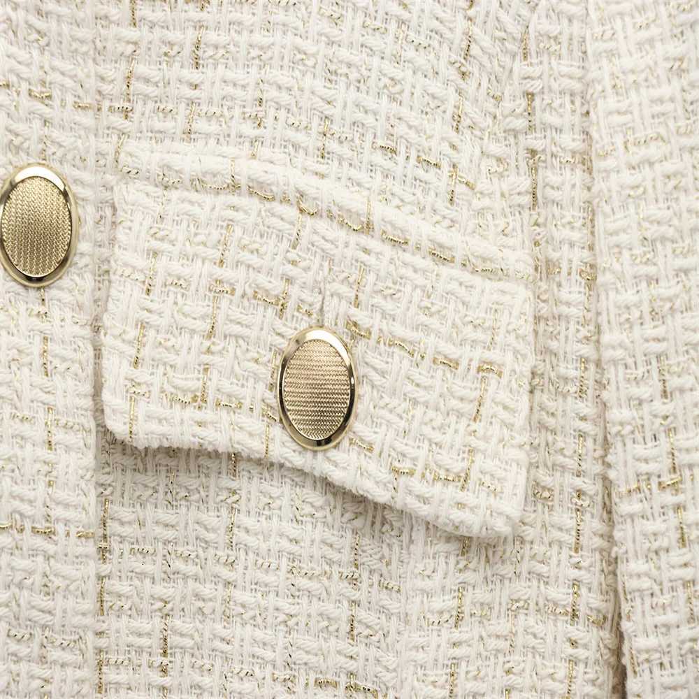 PBZA 2025 Women Beige Tweed Jacket with Gold Buttons and Belt Long Sleeves and Front Pockets for Sale on Z250918