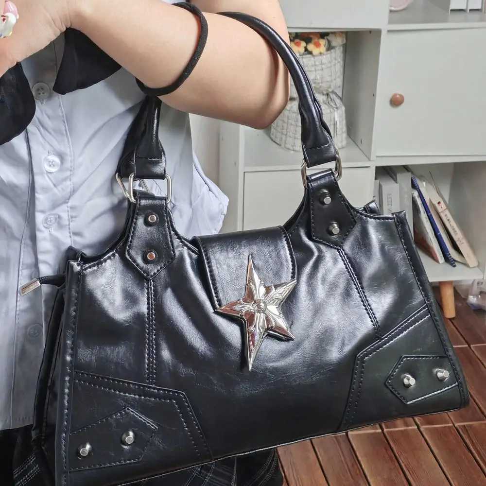 PU Leather Gothic Star Crossbody Bag Large Capacity Retro American Style Locomotive Style Underarm Bag Solid Color Korean StyleXJ250918