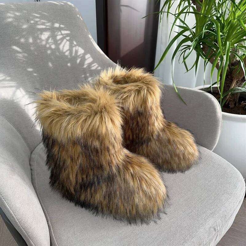 Women Winter Fluffy Furry Faux Fur Snow Woman Lace-up Platform Ankle Pink Ski Boots