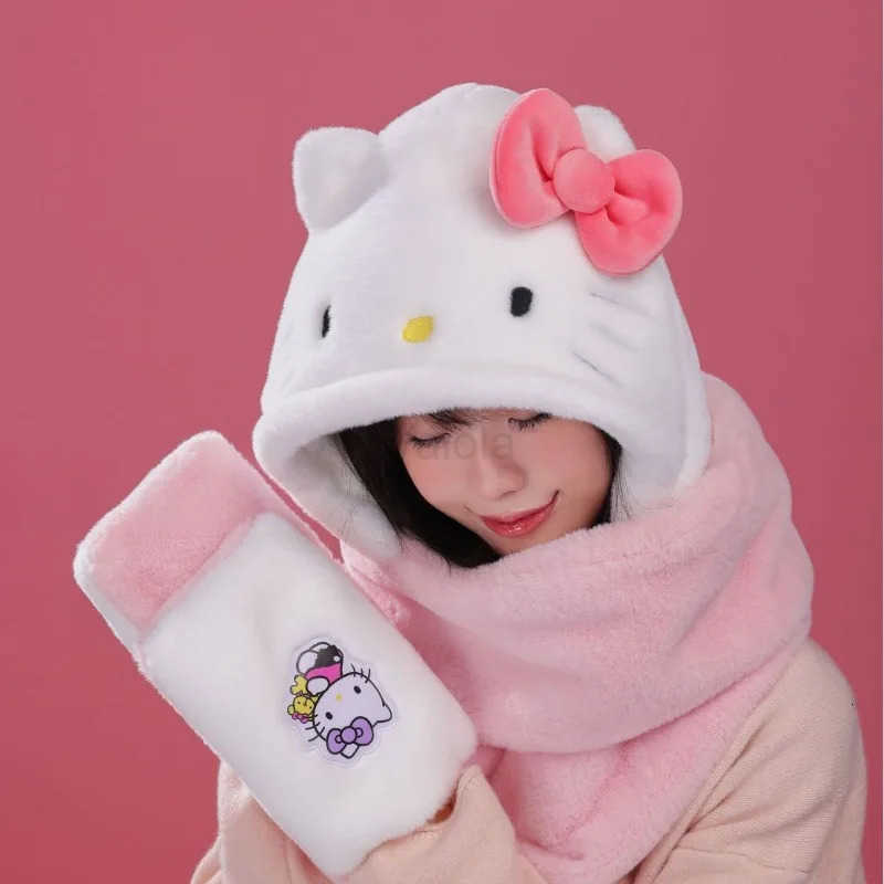 Sanrio Sanrioed Cute Kuromi My Melody Winter Womens Warm Threepiece Scarf Hat Gloves Cute Cartoon Hooded Childrens Birthday Gift L250919