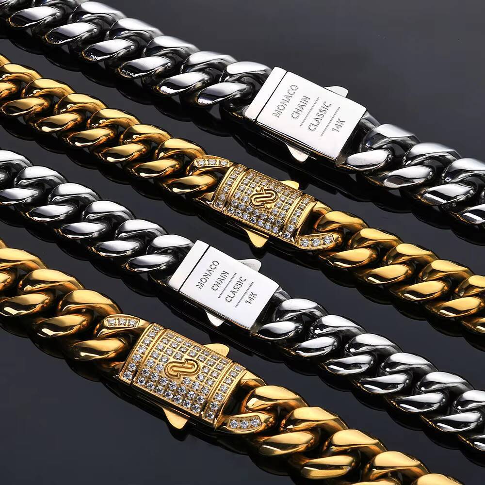 NUOYA Custom Hip Hop Stainless Steel Cuban Chain Iced Out Moissanite Clasp 18K Gold Plated Cuban Link Chain Necklace Fine Jewelry