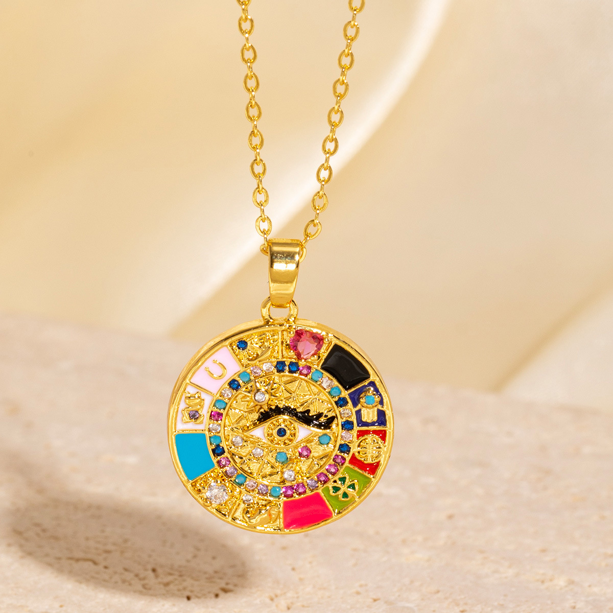 Designer Jewellery High Quality Gold Toned Round Evil Eye Pendant Necklace with Multicolor Gemstones for Daily Boho Chic Wear and Gifting Textured Uni