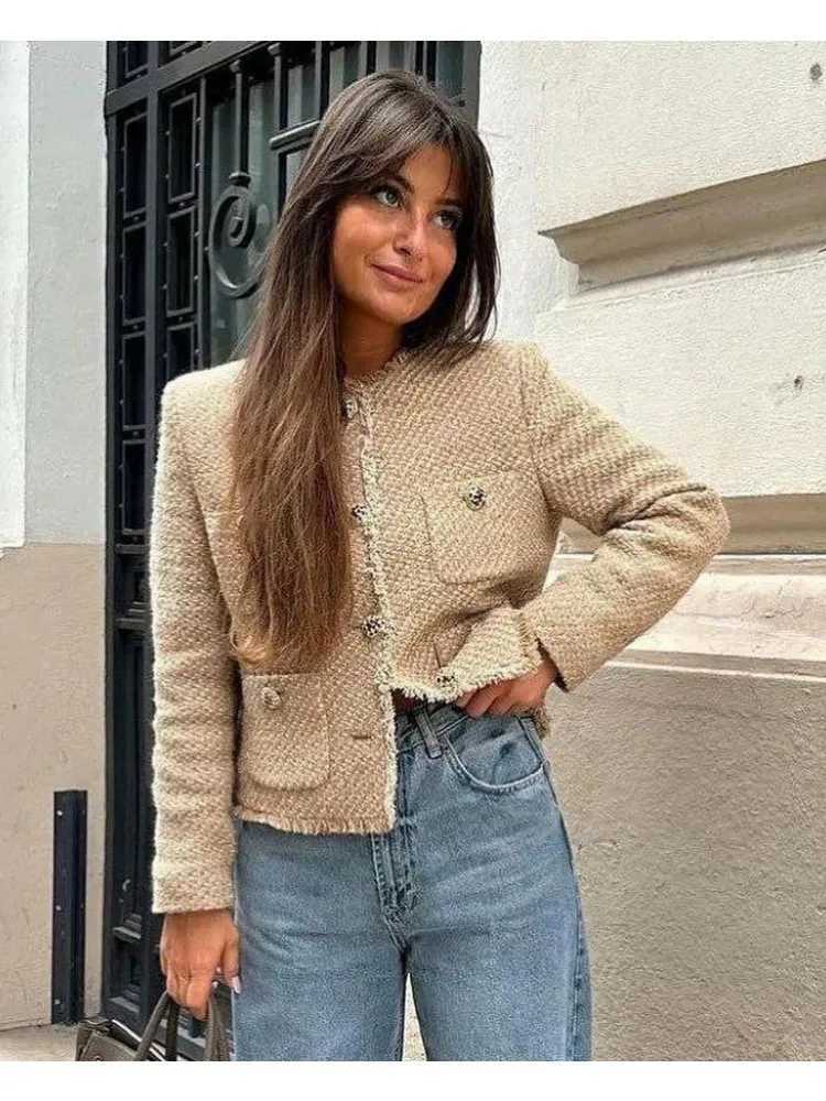 Chic Female Tweed Basic Jacket Coat Women Clothing Woolen Outerwear Long Sleeve Front Button Female Outerwear Chic Tops Z250918