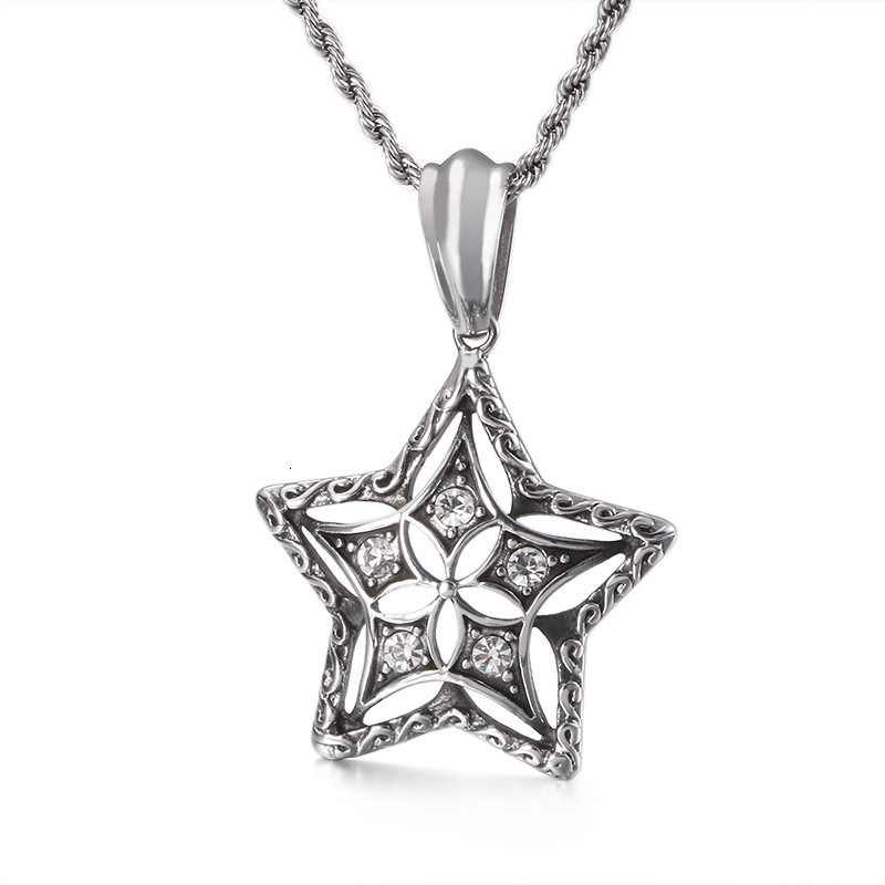 Creative Stainless Steel Five-Pointed Star Pendant Personalized Dia-Encrusted Men's Necklace Accessory