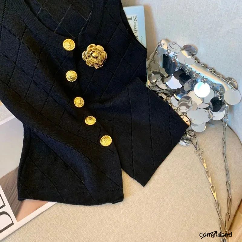 Women Clothes Stylish Vintage Elegant Y Chic Hollow Button Knitted Vest Summer V Neck Sleeveless Black White Slim Tank Tops 250718 ddmyfriend