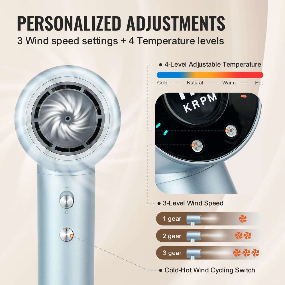 VEVOR High-Speed Dryer 105,000RPM Brushless Motor, 200 Million Negative Ions Hair Blow Dryer, 4 Temps 3 Speeds, LCD Display Thermo-Control Hairdryer w