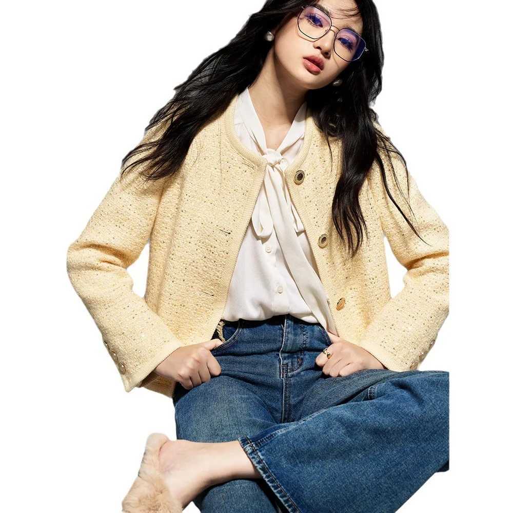 Spring Autumn Yellow Tweed Jacket Wool Beaded Womens Top Coat Z250918