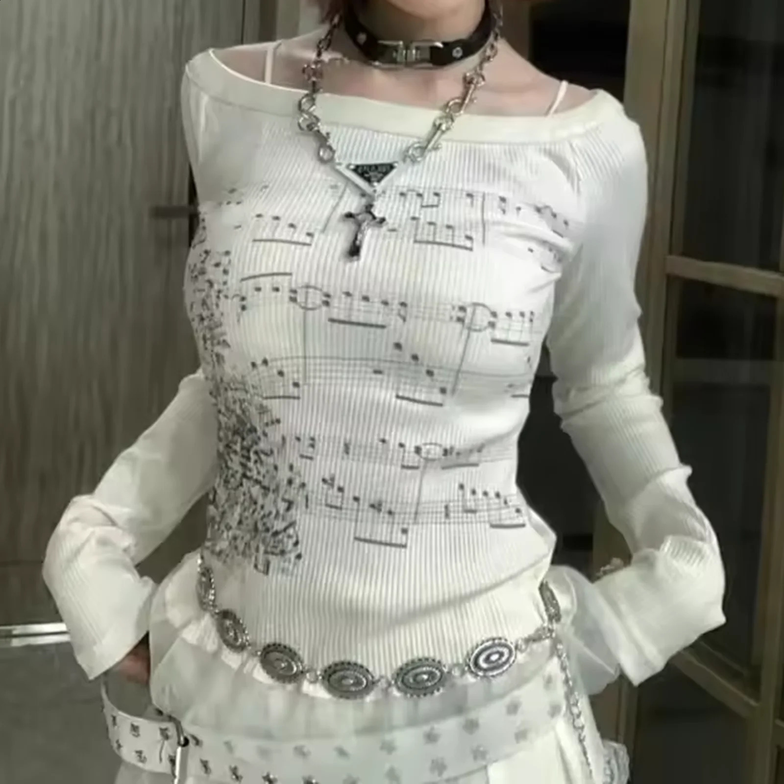 Gaono Womens Off Shoulder Tops Long Sleeve Music Note Print Slim Fitted TShirt Ruffle Blouse Y2K Coquette Streetwear 250919