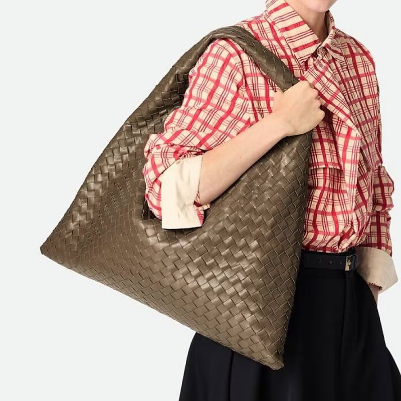 Designer Olive Green Brown Suede Tote Large Hop Shoulder Bags Woven Calfskin Leather Internal Zippered Pocket Flap Closure Secured