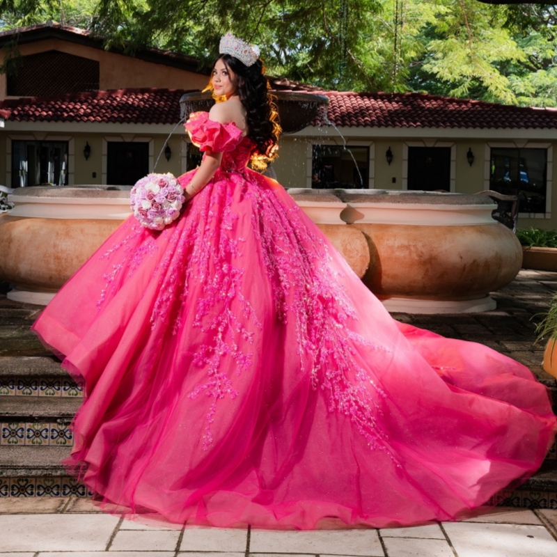 Rose Red Shiny Quinceanera Dresses Off The Shoulder Applique Lace Beads Tull Party Birthday Sweet 16 Dress Vestidos De 15 Anos