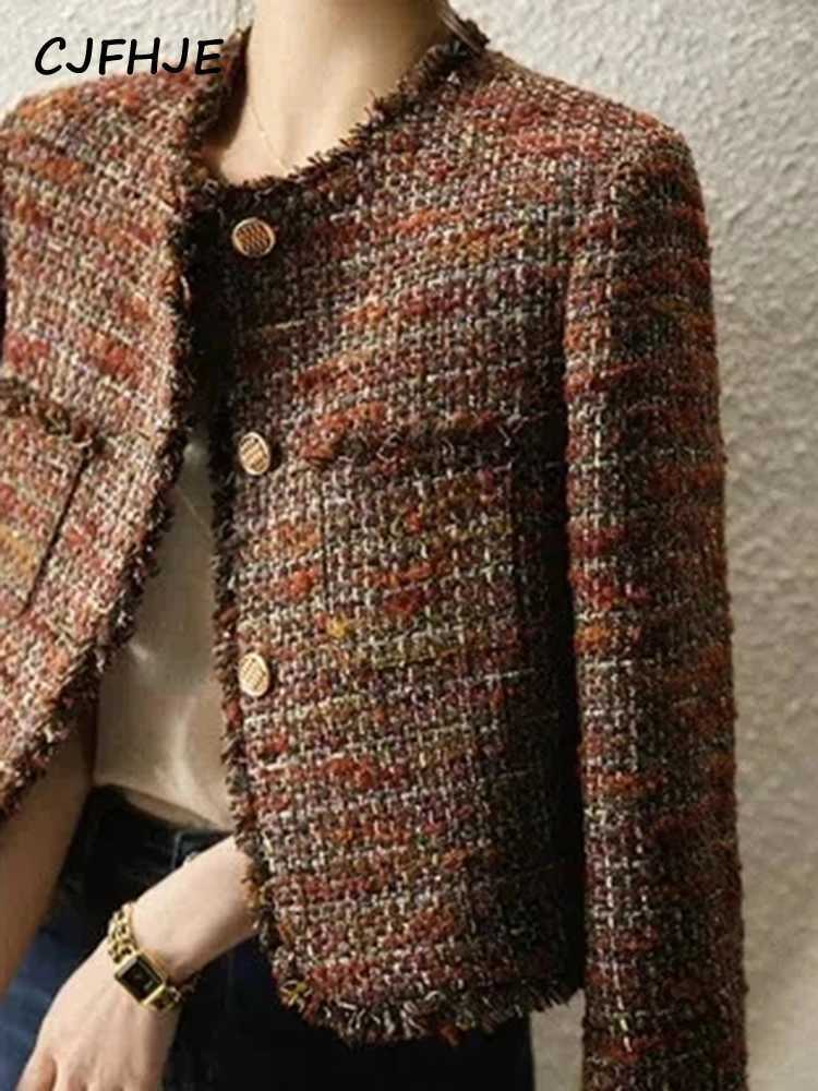 CJFHJE Oneck Tweed Fragrant Lady Coats Autumn Winter New Elegant Lady Outerwear Tops Tassel Single Breasted Women Woolen Jacket Z250918