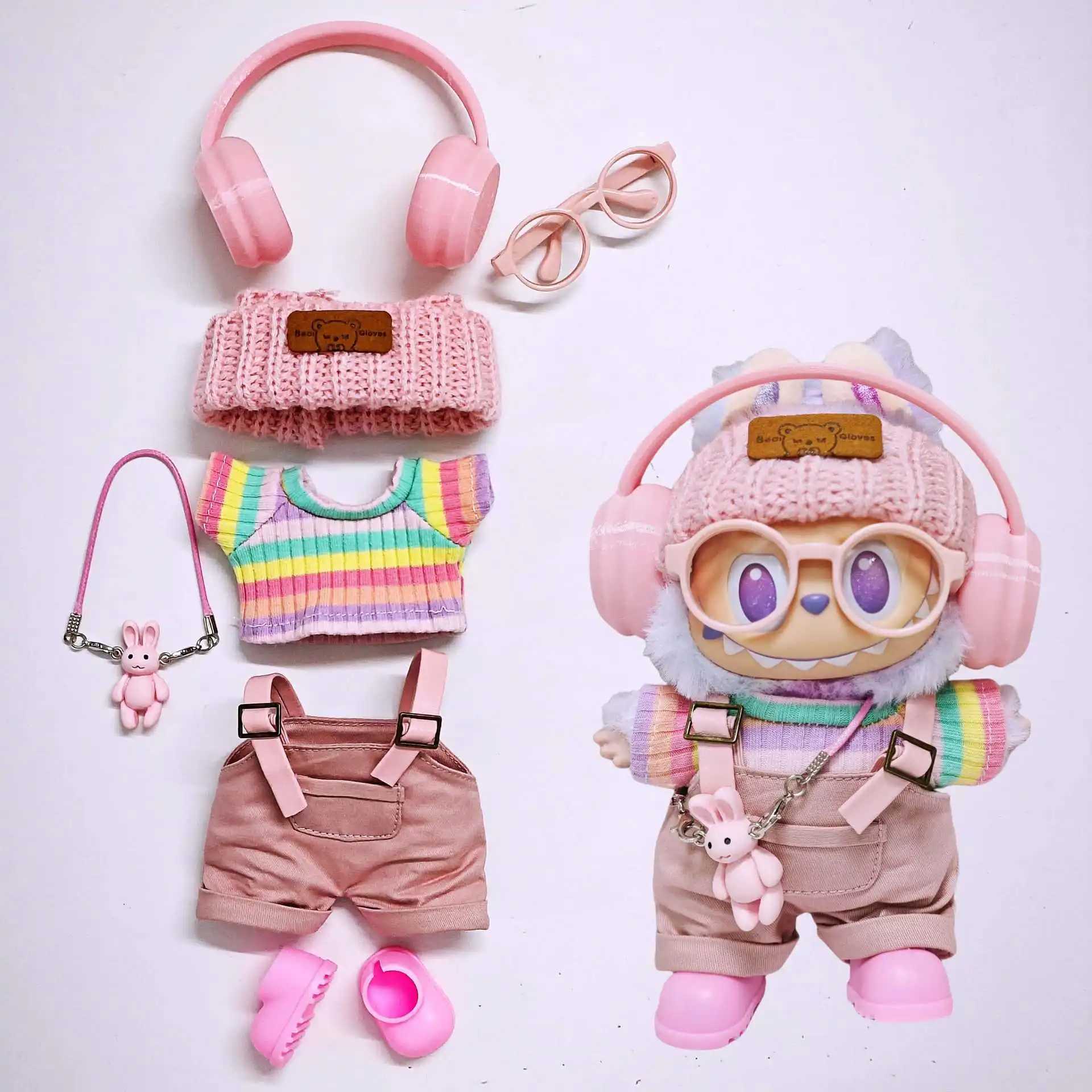 Pink Cargo Pants Rainbow Headphones Fivepiece Set Labubu Clothes Trendy Outfit New Labubu Accessories for Going Out no Doll C250919